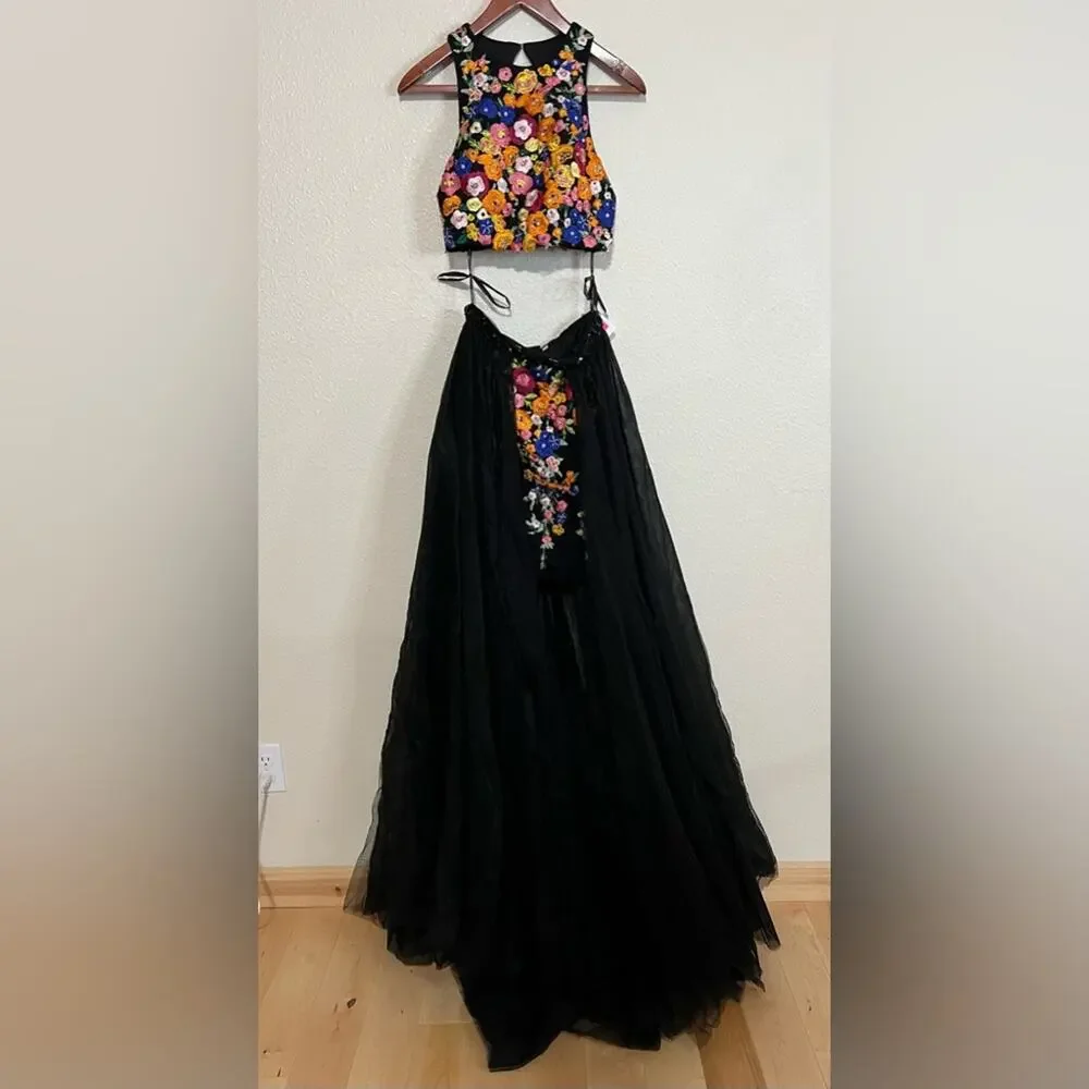 Jovani | Dresses | Jovani 4532a Two Piece Floral Colorful Embroidered Black  Tulle Prom Dress New 2 | Poshmark